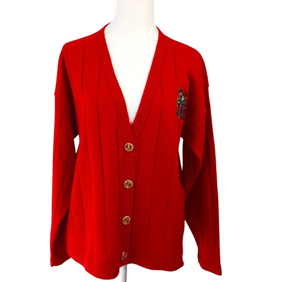 Norton McNaughton, Vintage Red Cardigan W/ Crest,  SZ Med. Collegiate, Academia - Picture 2 of 14